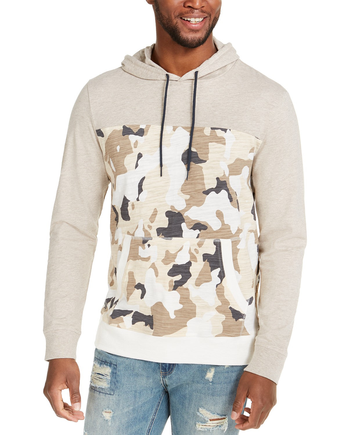 Sun + Stone Men's Camo Blocked Hoodie Beige Size Large
