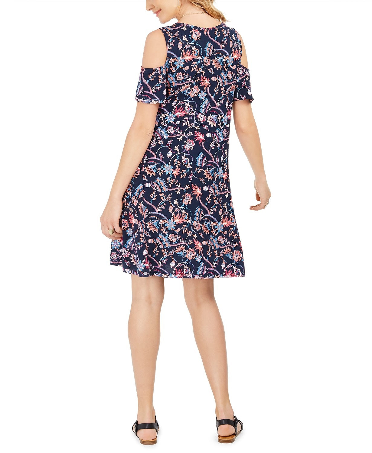 Style & Co Women's Printed Cold-Shoulder Swing Dress Navy Size X-Large