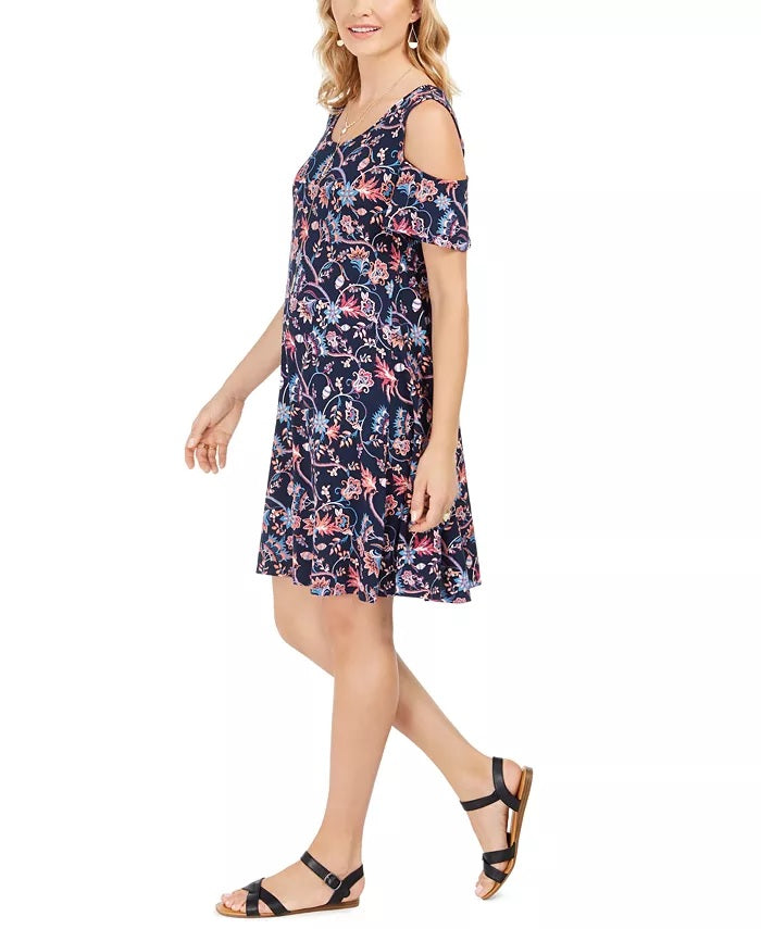 Style & Co Women's Printed Cold-Shoulder Swing Dress Navy Size X-Large