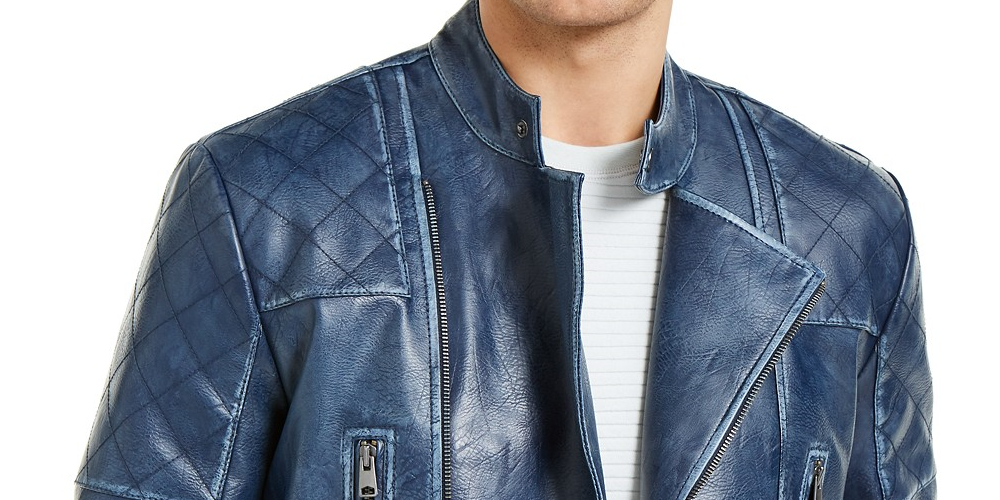 INC International Concepts Men's Braxton Faux Leather Moto Jacket Dark Blue Size Medium
