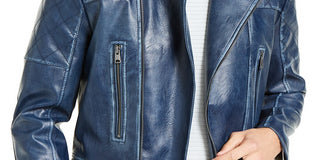INC International Concepts Men's Braxton Faux Leather Moto Jacket Dark Blue Size Medium