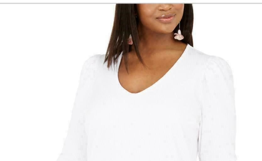 INC International Concepts Plus Women's Size Ribbed-Knit Puff-Sleeve TopWhite Size XXXX Large
