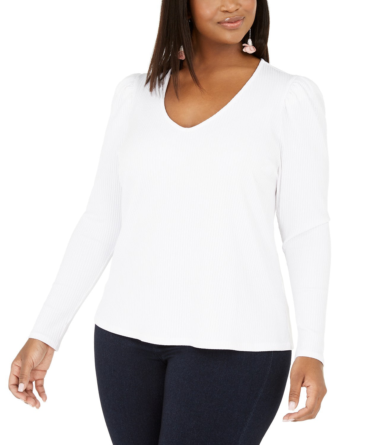 INC International Concepts Women's Plus Size Ribbed-Knit Puff-Sleeve Top White Size 0X