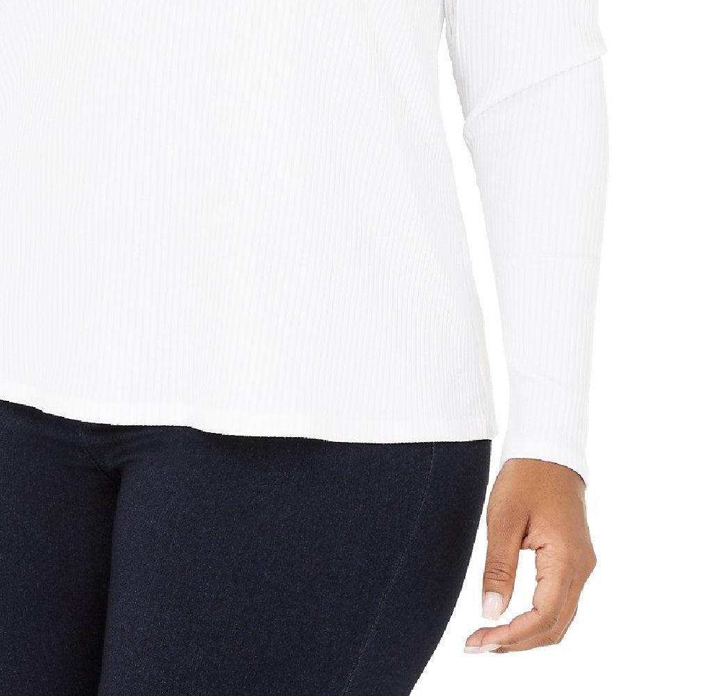 INC International Concepts Women's Plus Size Ribbed-Knit Puff-Sleeve Top White Size 0X
