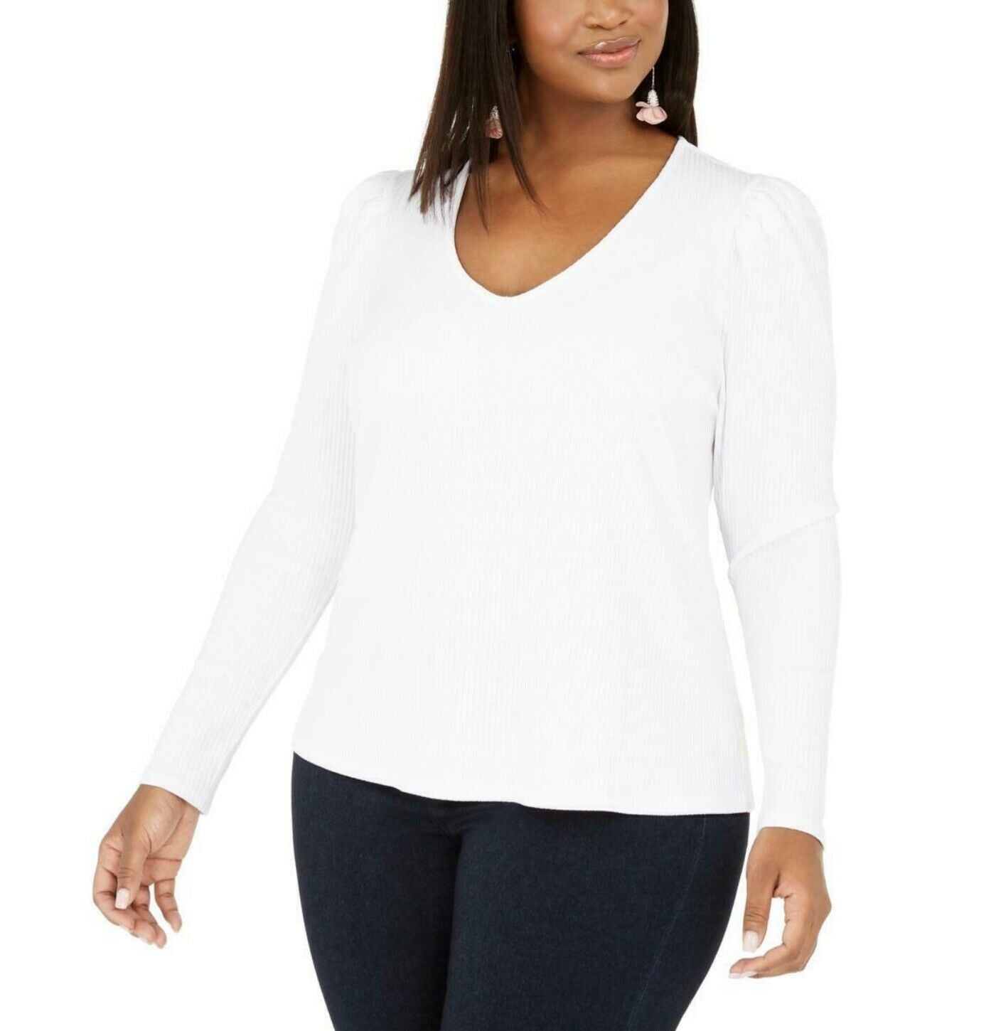INC International Concepts Women's Plus Size Ribbed-Knit Puff-Sleeve TopWhite Size X-Large