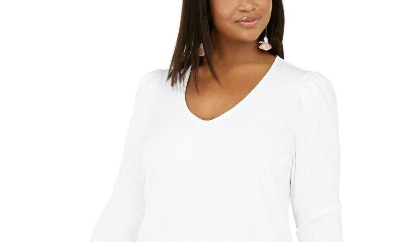 INC International Concepts Women's Plus Size Ribbed-Knit Puff-Sleeve TopWhite Size X-Large