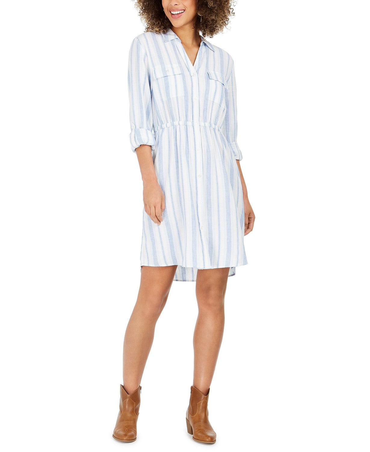 Style & Co Women's Striped Button-Front Linen-Blend Shirtdress Blue Size Large