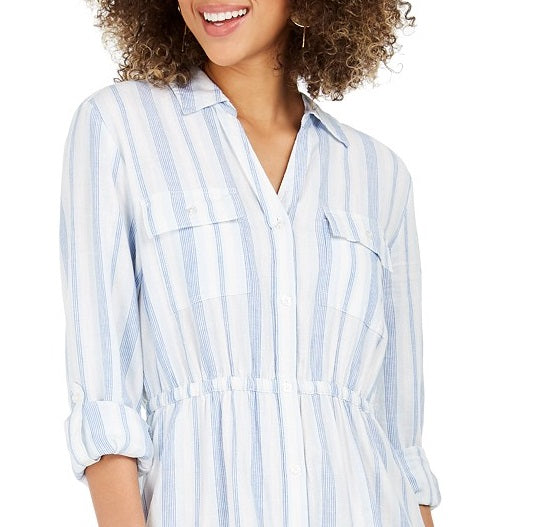 Style & Co Women's Striped Button-Front Linen-Blend Shirtdress Blue Size Large
