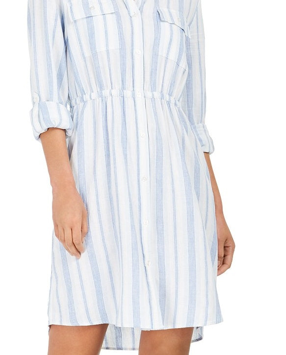 Style & Co Women's Striped Button-Front Linen-Blend Shirtdress Blue Size Large
