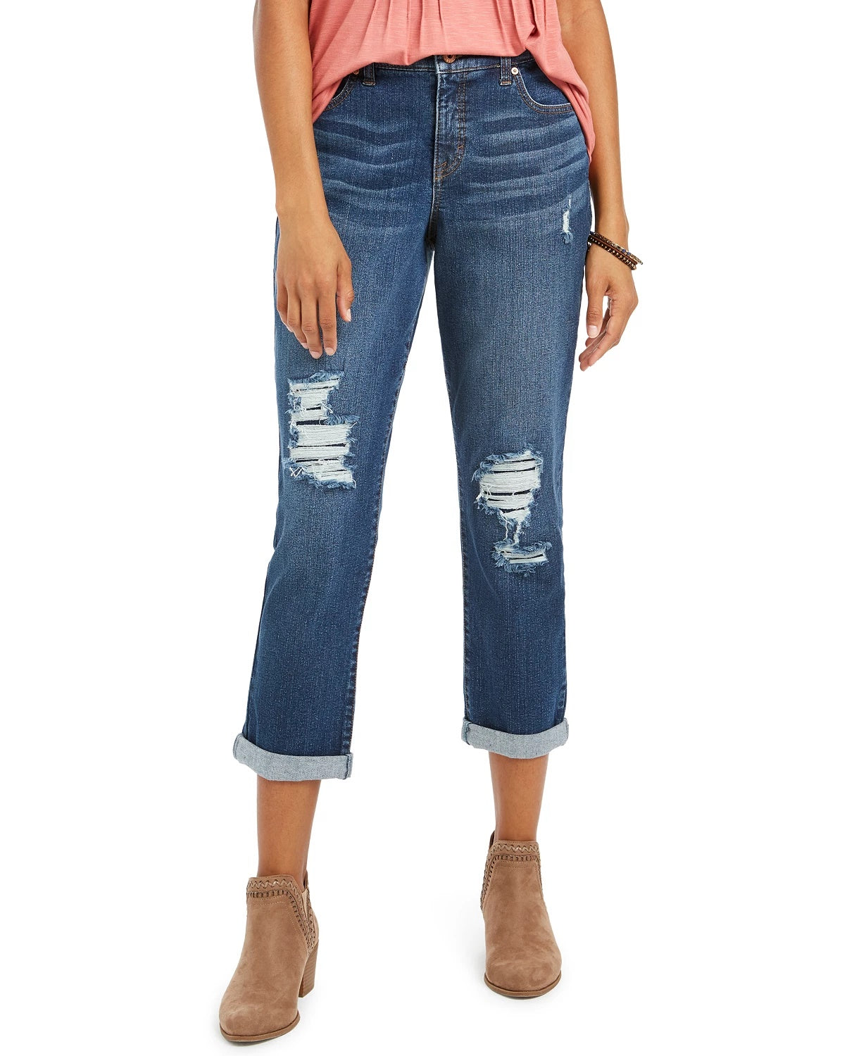 Style & Co Women's Curvy Fit Ripped Girlfriend Jeans Turq Aqua Size 2