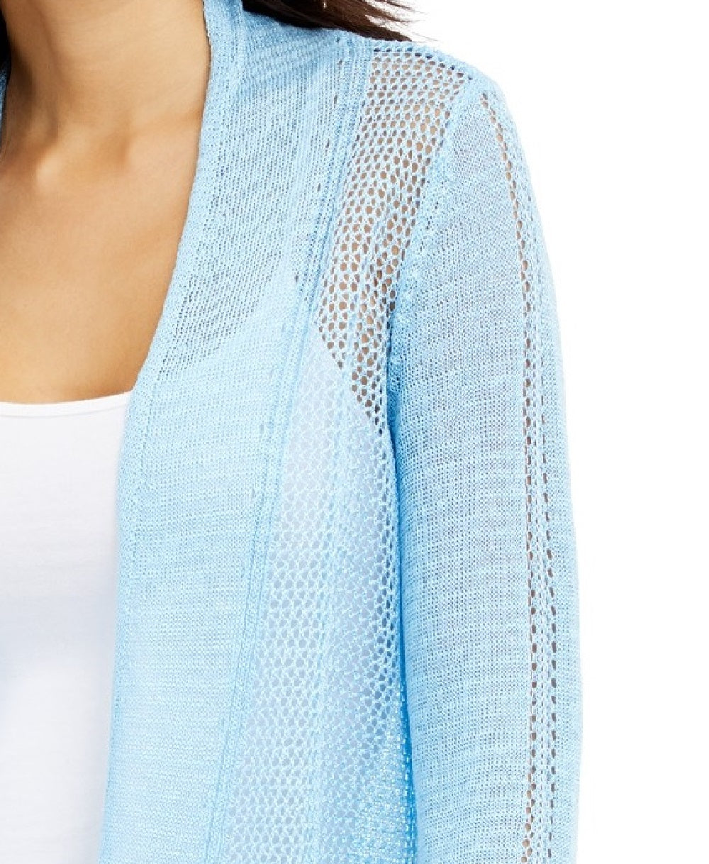 Alfani Women's Mixed-Stitch Open-Front Linen-Blend Cardigan Blue Size Small