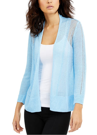 Alfani Women's Mixed-Stitch Open-Front Linen-Blend Cardigan Blue Size Small