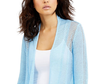 Alfani Women's Mixed-Stitch Open-Front Linen-Blend Cardigan Blue Size Small