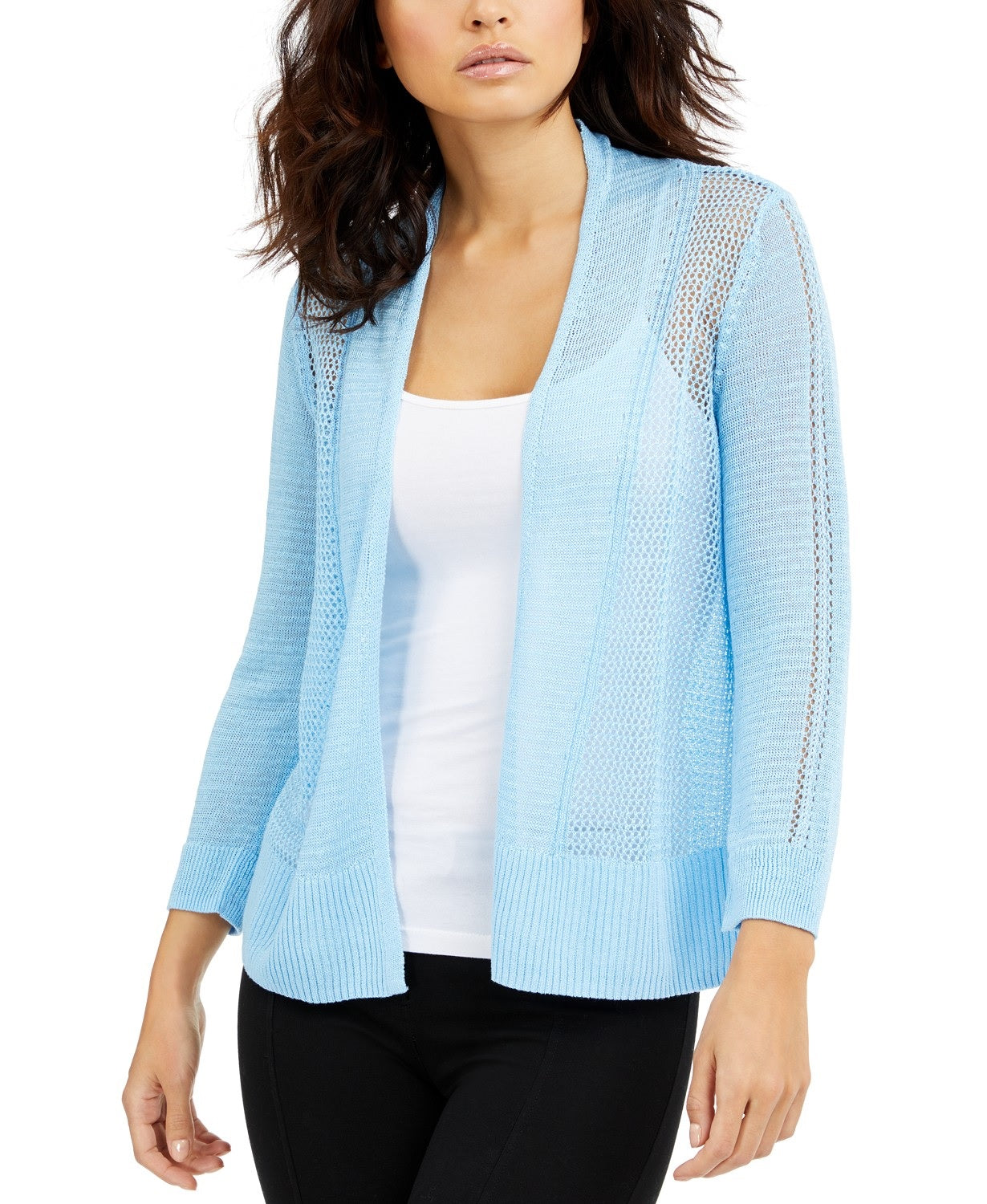 Alfani Women's Mixed-Stitch Open-Front Linen-Blend Cardigan Blue Size Extra Large