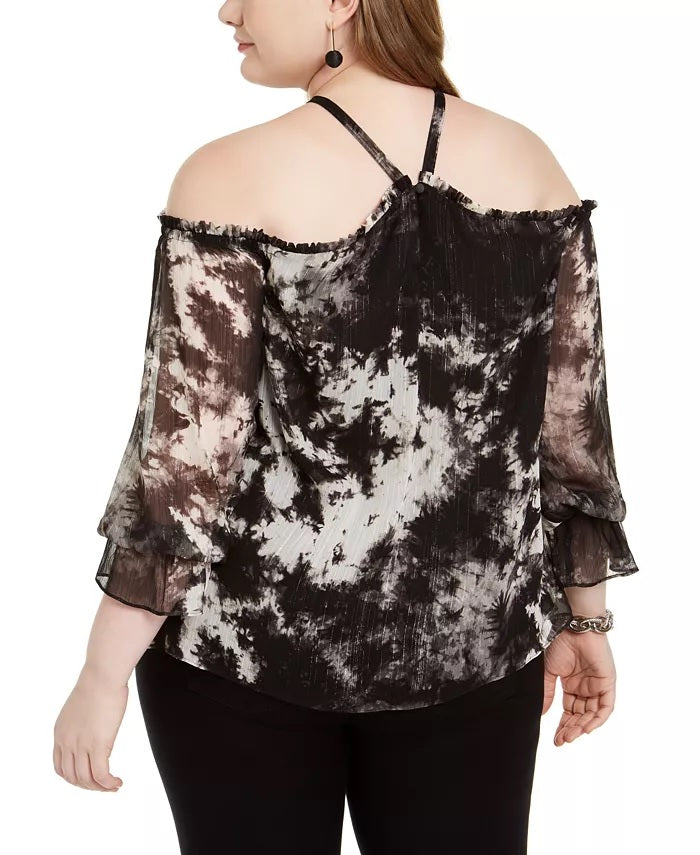INC International Concepts Women's Plus Size Tie-Dyed Cold-Shoulder Top Black Size 1 Extra
