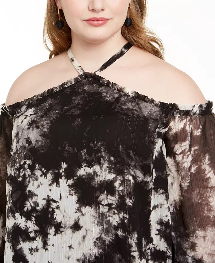 INC International Concepts Women's Plus Size Tie-Dyed Cold-Shoulder Top Black Size 1 Extra
