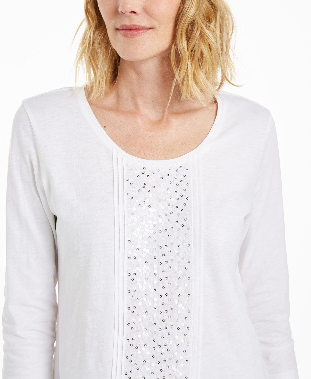 JM Collection Women's Sequined Scoop-Neck Top White Size Medium