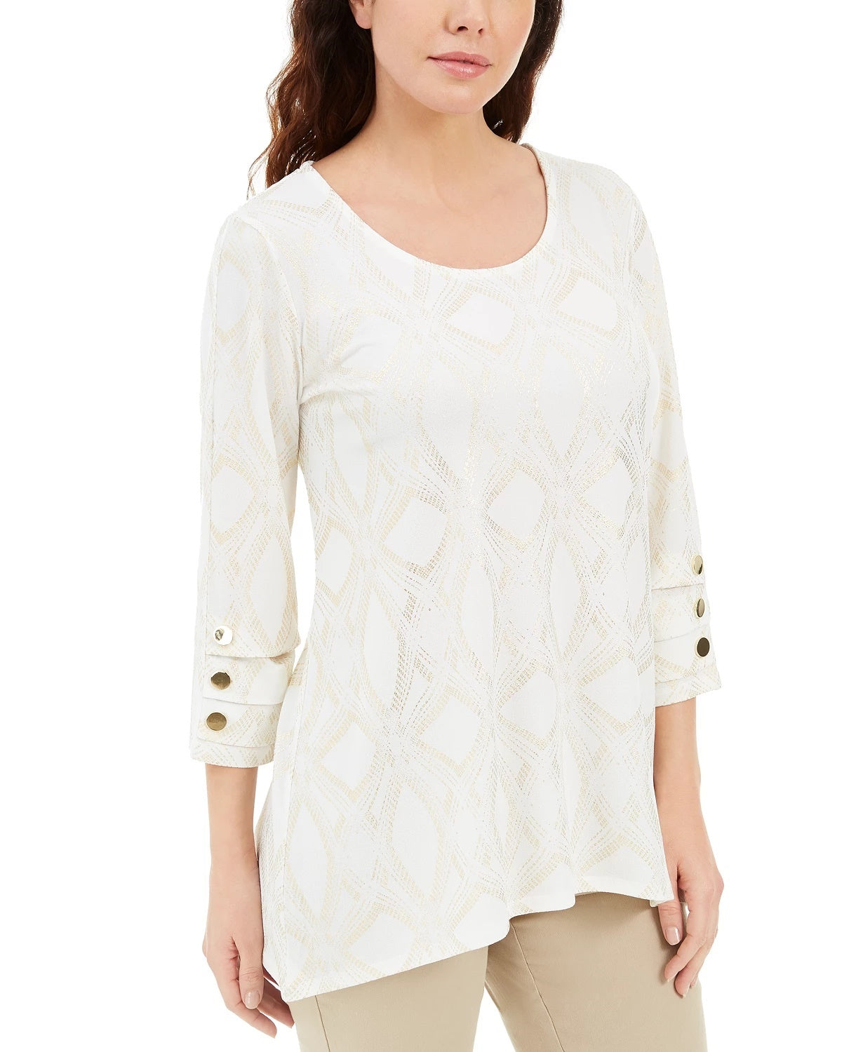 JM Collection Women's Metallic Print Buttoned Cuff Top White Size Large