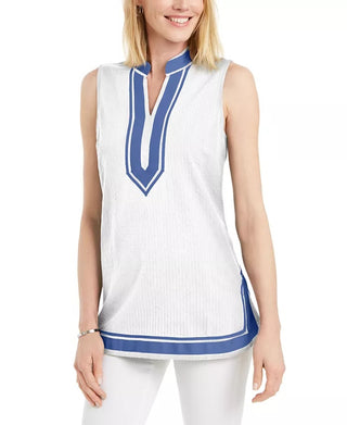 Charter Club Women's Seersucker Woven Tunic Top White Size Large