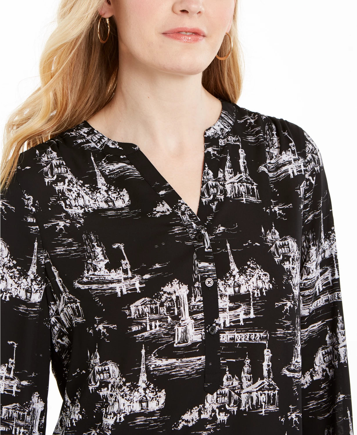 Charter Club Women's Printed Split Neck Top Black Size Large