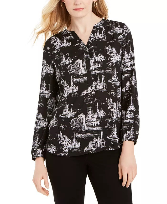 Charter Club Women's Printed Split Neck Top Black Size Large