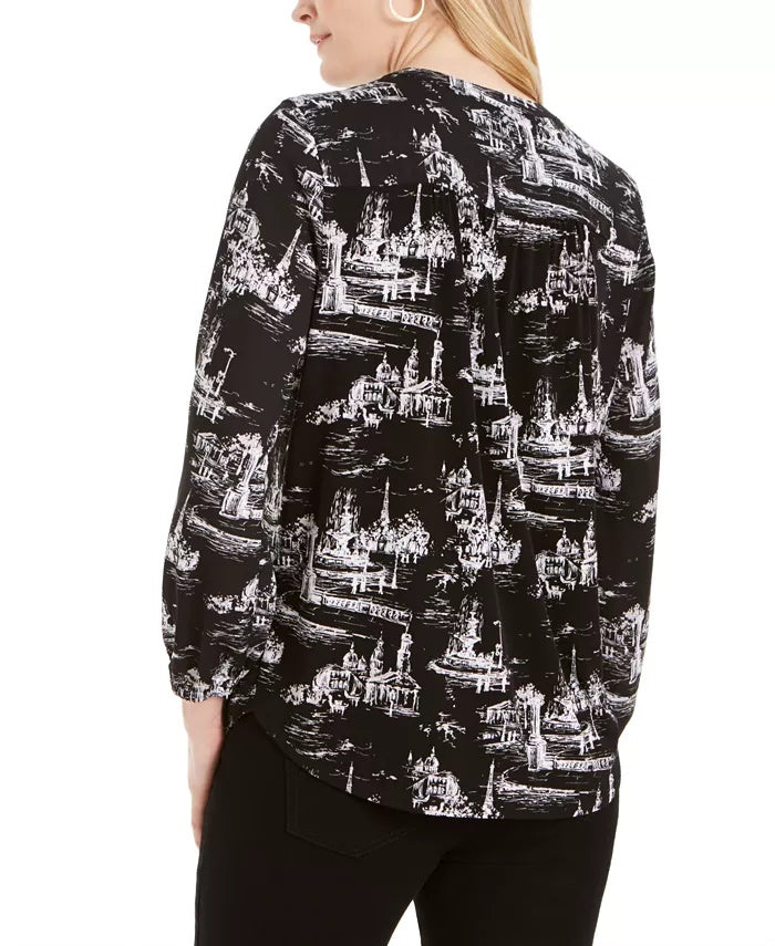 Charter Club Women's Printed Split Neck Top Black Size Large