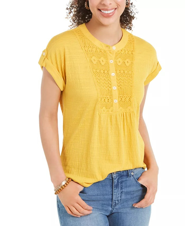 Style & Co Women's Crochet Bib Textured Top Gold Size Small