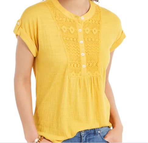 Style & Co Women's Crochet Bib Textured Top Gold Size Small