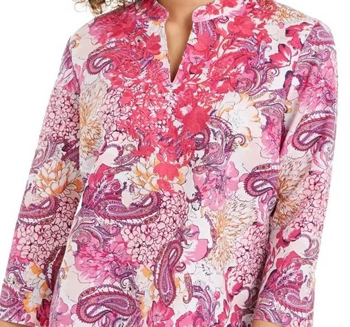 Charter Club Women's Linen Blend Embroidered Neck Printed Tunic Pink Size XX-Large
