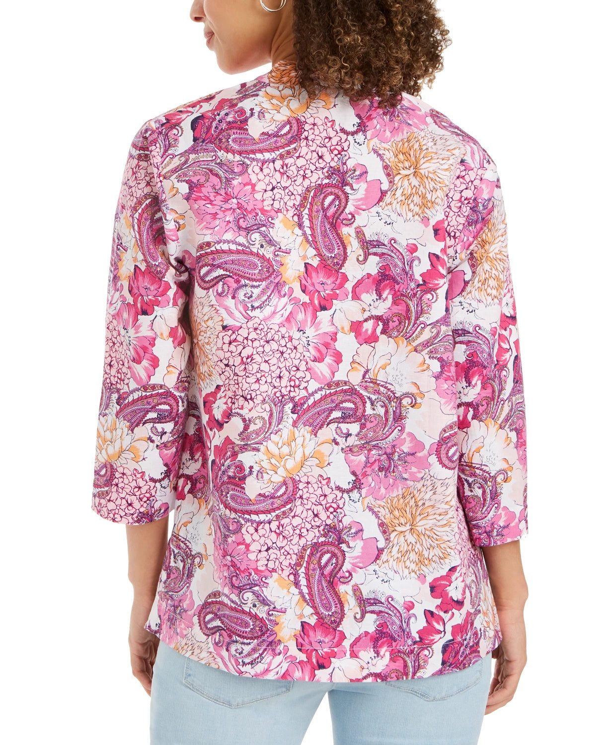 Charter Club Women's Linen Blend Embroidered Neck Printed Tunic Pink Size XX-Large