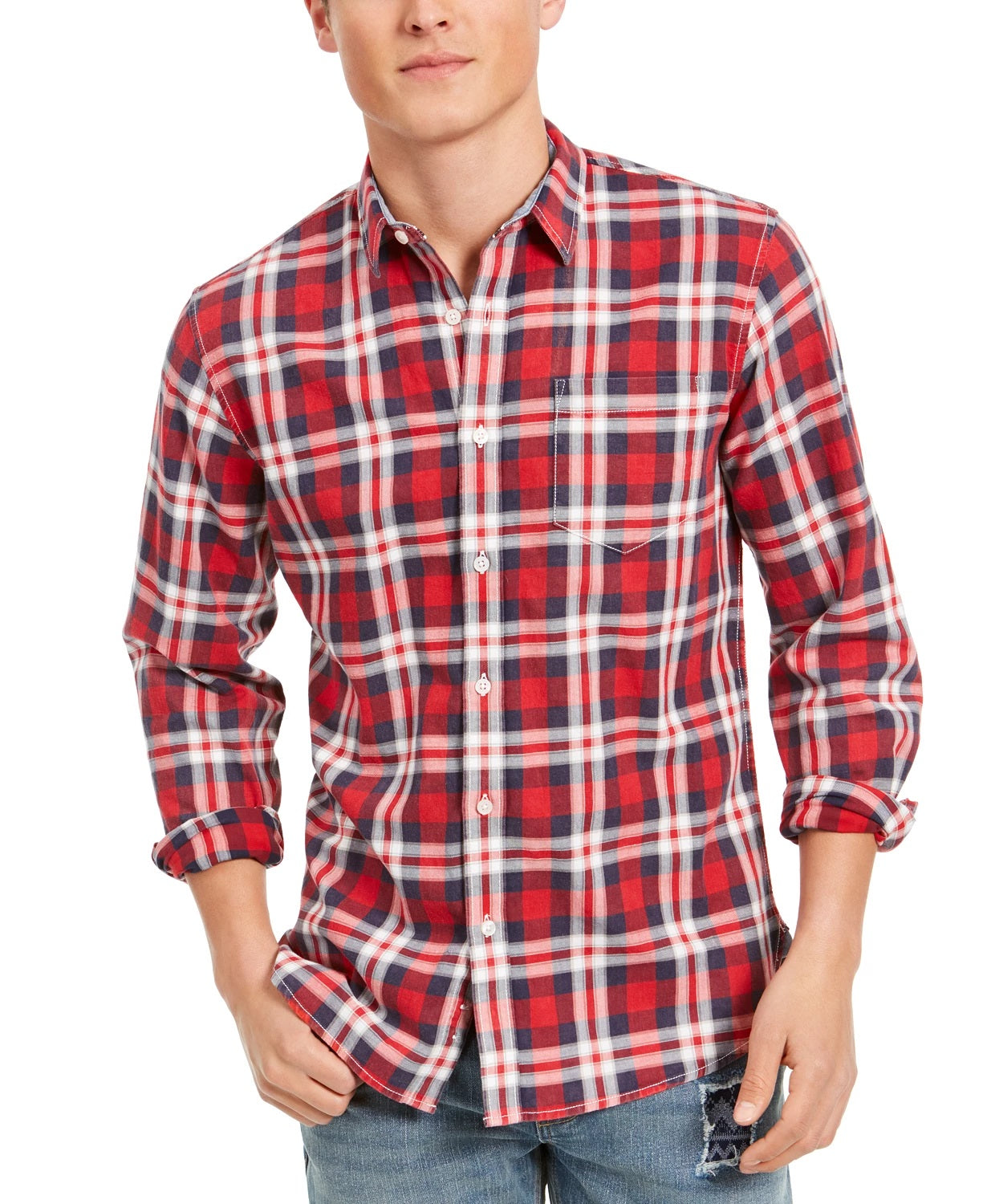 Sun + Stone Men's Garcia Plaid Shirt Red Size Large