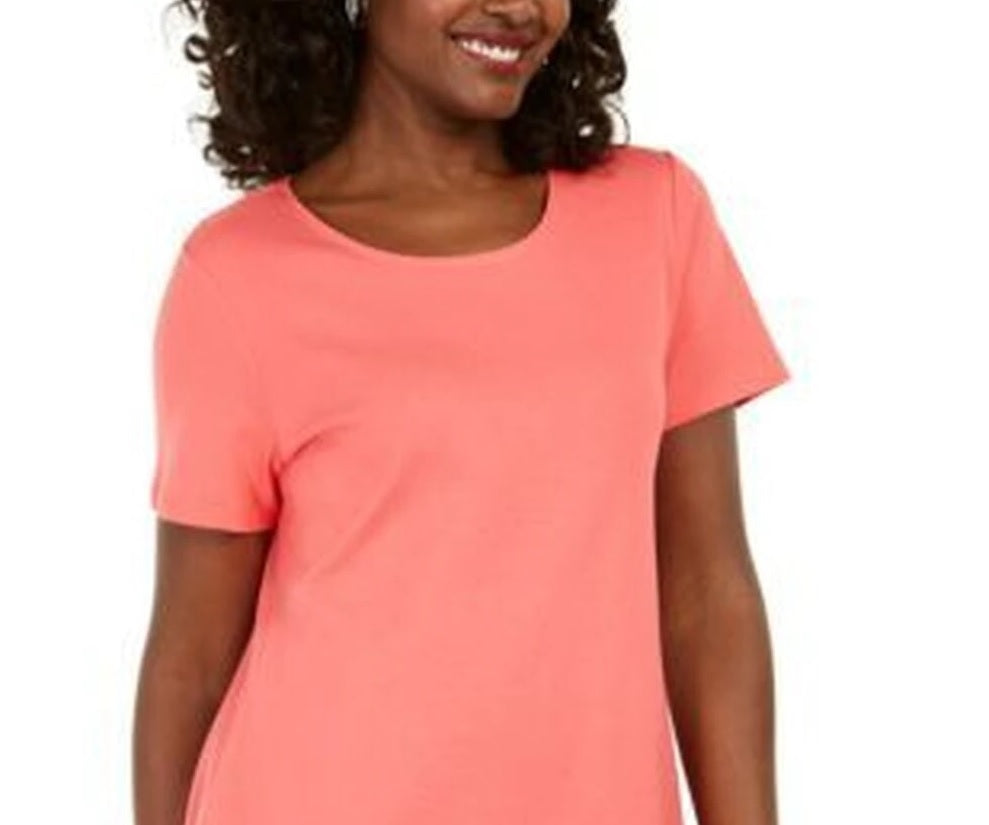 Karen Scott Women's Button-Hem Scoop-Neck Cotton Top  Orange Size Medium