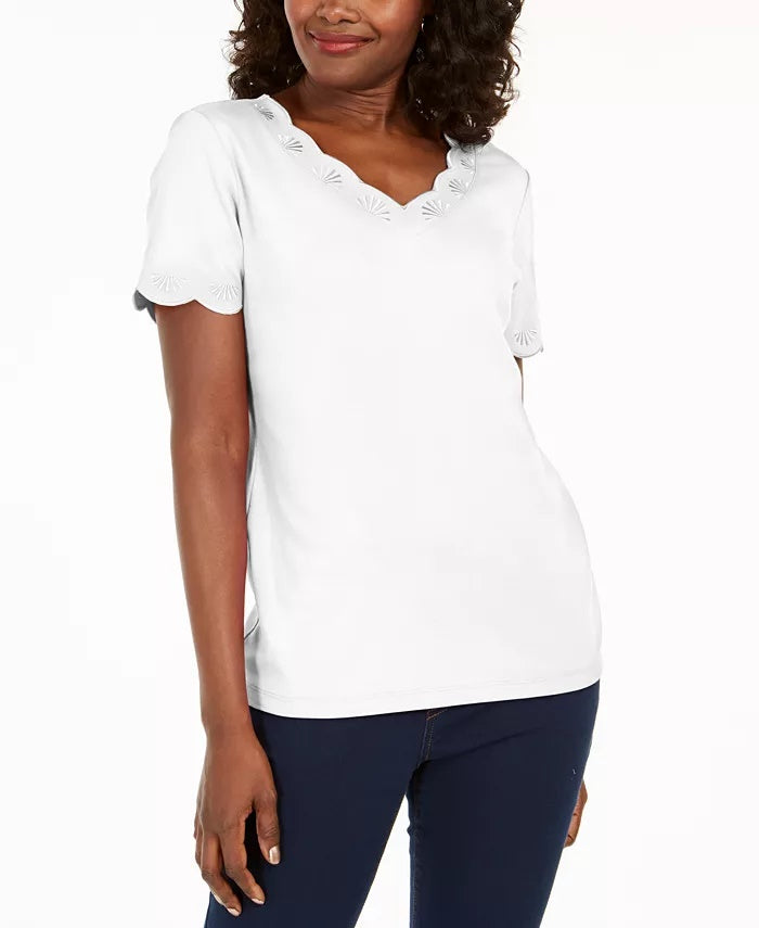 Karen Scott Women's Cotton Scalloped V-Neck T-Shirt White Size XX Large