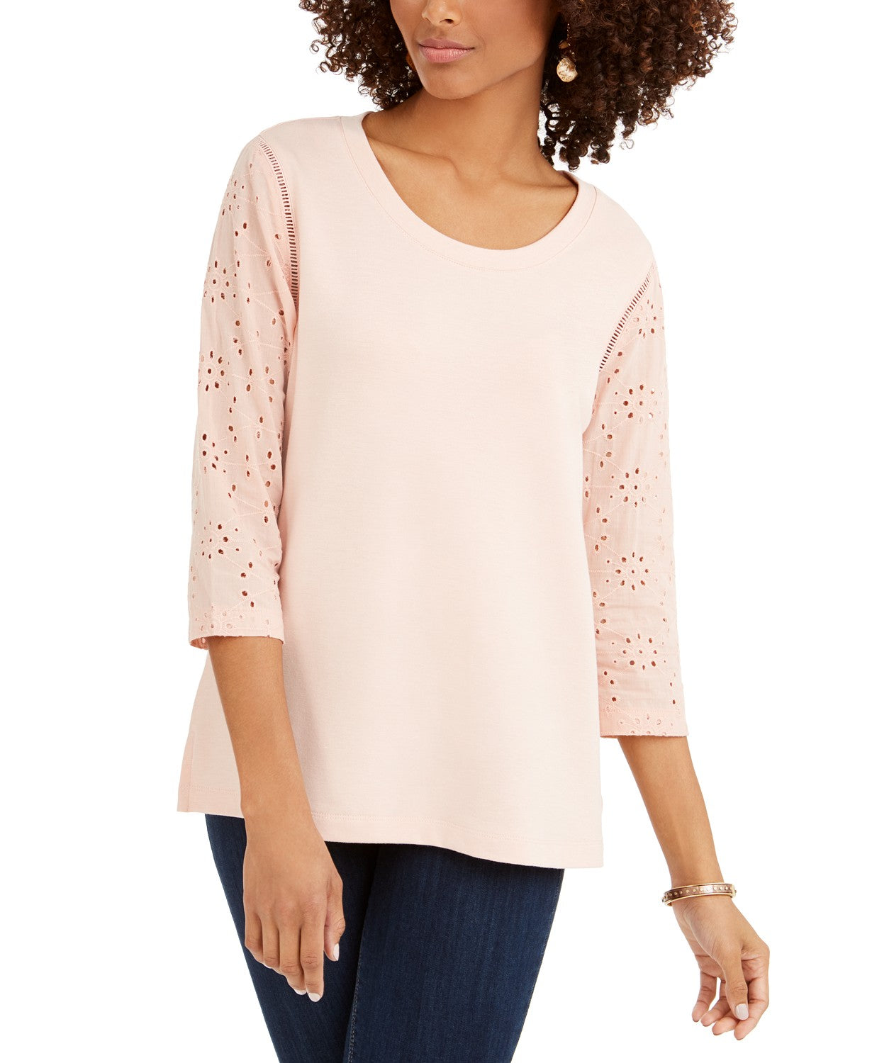 Style & Co Women's Eyelet-Sleeve Cotton Top Bright Pink Size Large