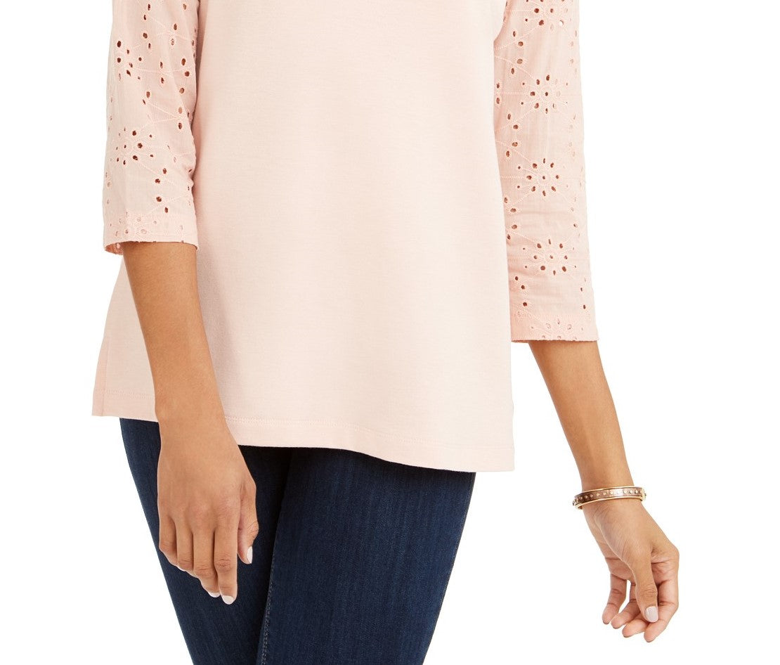 Style & Co Women's Eyelet-Sleeve Cotton Top Bright Pink Size Large