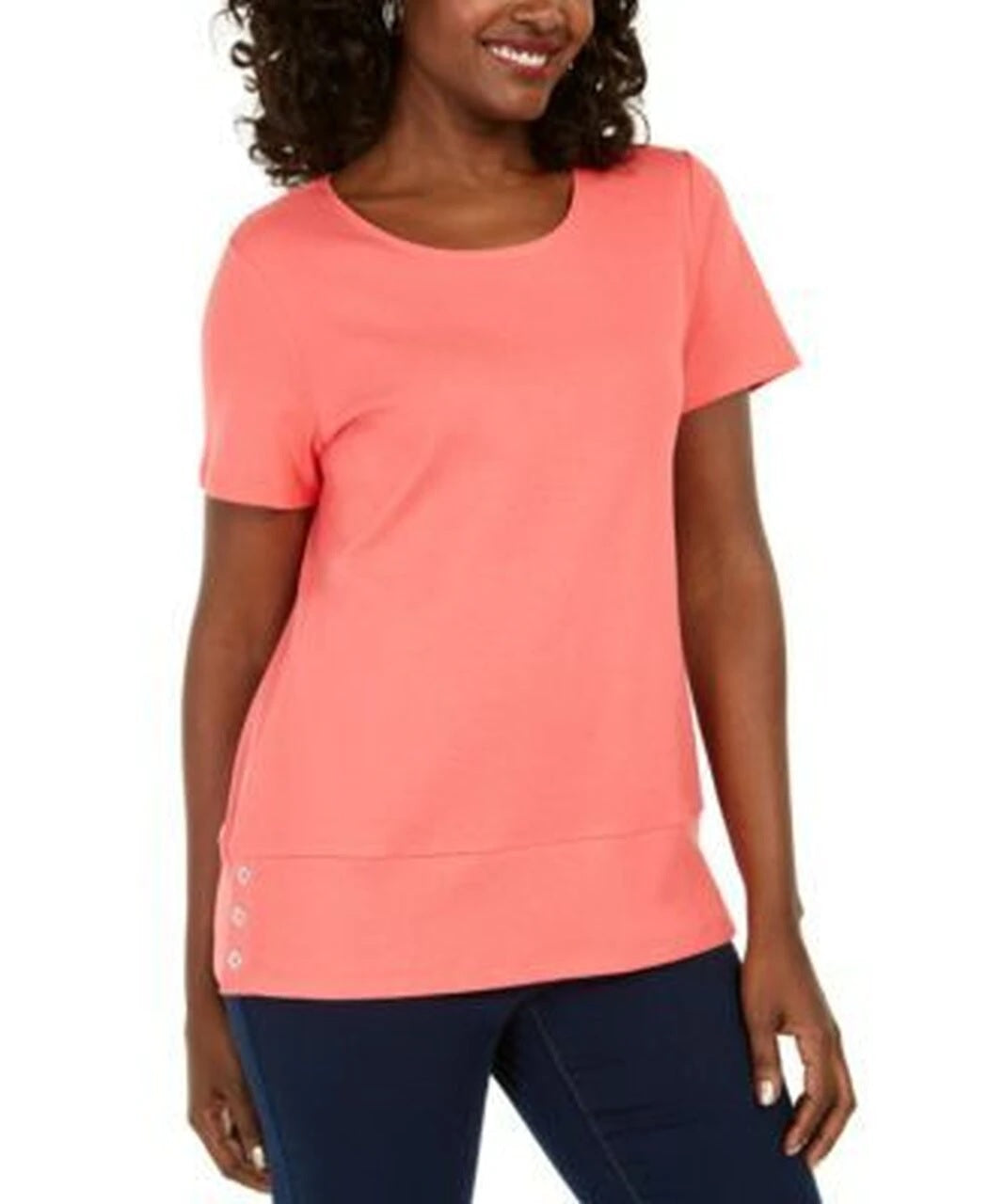 Karen Scott Women's Button-Hem Scoop-Neck Cotton Top  Orange Size Medium