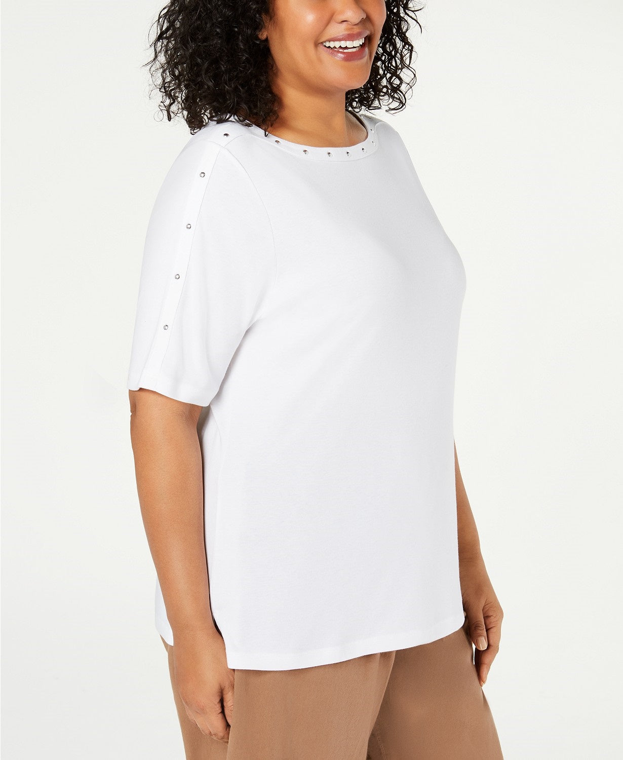 Karen Scott Women's Studded Elbow-Sleeve Boat-Neck Top White Size Small