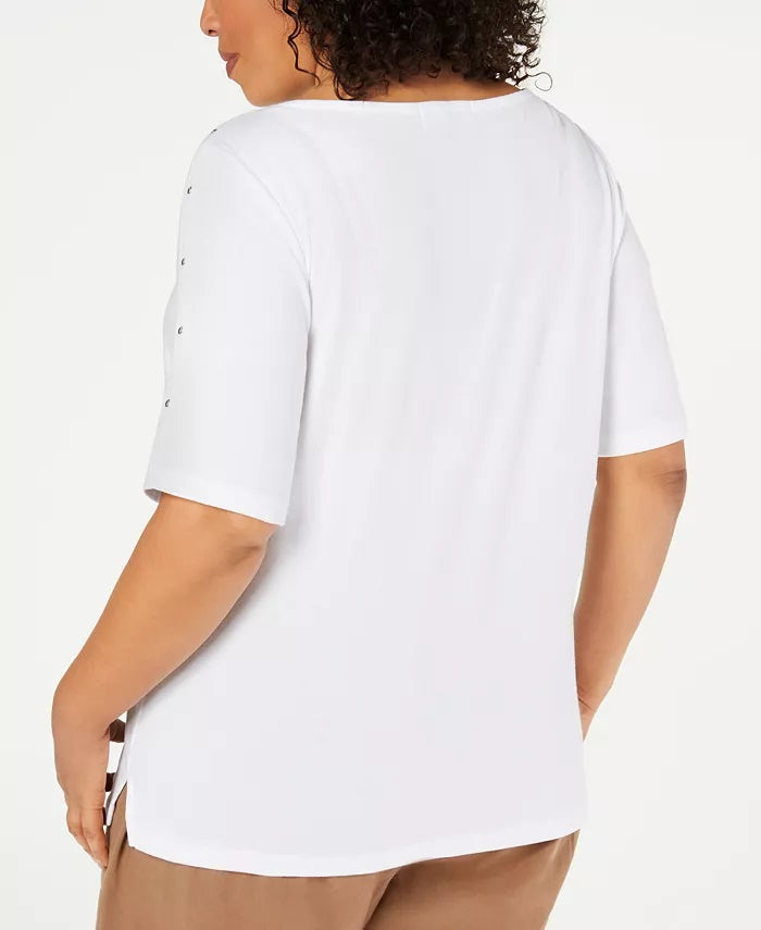 Karen Scott Women's Studded Elbow-Sleeve Boat-Neck Top White Size Small