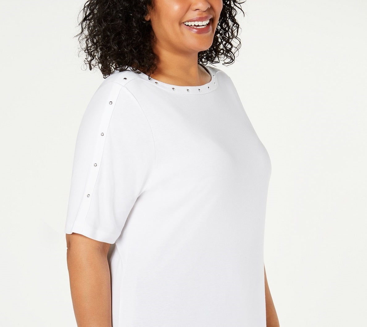 Karen Scott Women's Studded Elbow-Sleeve Boat-Neck Top White Size Small
