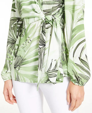 Alfani Women's Petite Printed Faux-Wrap Top Green Size Petite S/M