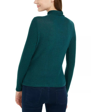 BCX Juniors' Textured Side Ruched Mock Neck Sweater Dark Green Size Small