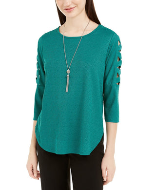 BCX Juniors' Lattice-Detailed Sleeve Top Emerald Size Small