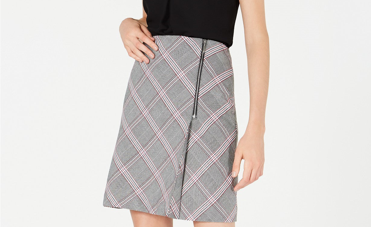 Bar III Women's Zipper-Detail Plaid Skirt Black Size 12