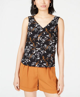 Bar III Women's Printed Sleeveless V-Neck Top  Black Size Extra Small