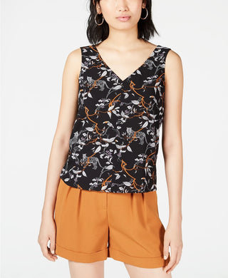 Bar III Women's Printed Sleeveless V-Neck Top Black Size X-Large