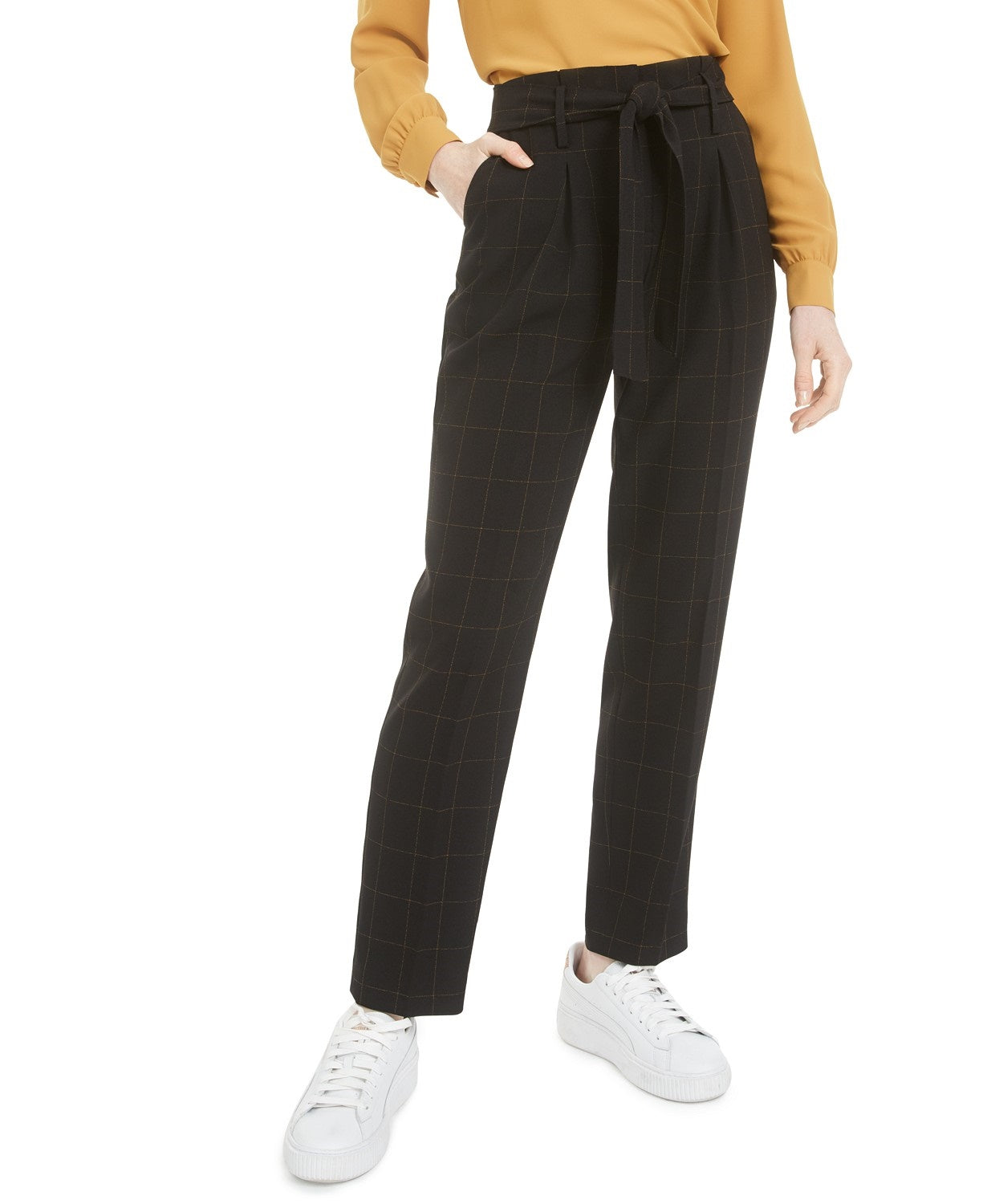 Bar III  Women's Tie-Waist Windowpane-Print Pants Black Size 2