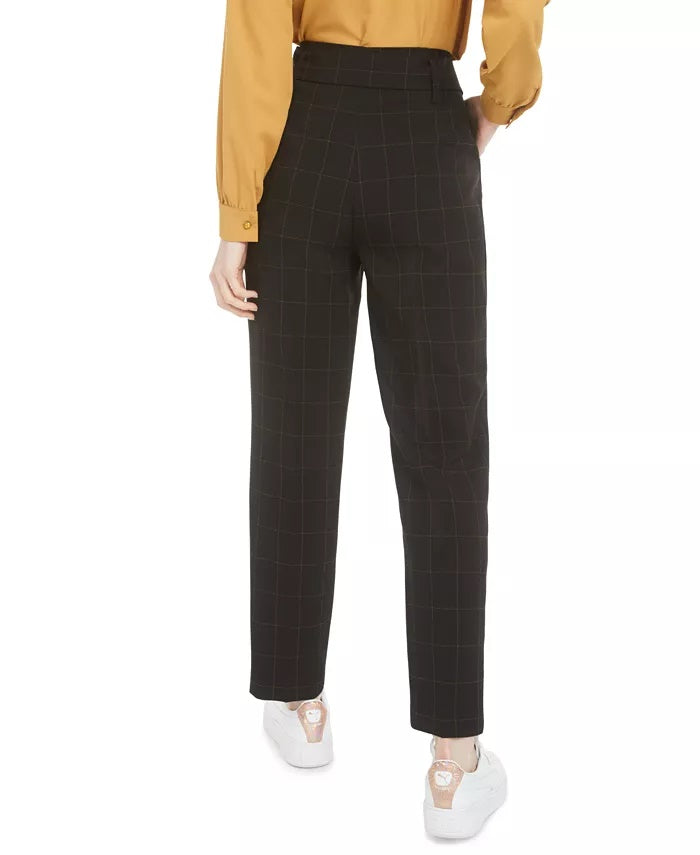 Bar III  Women's Tie-Waist Windowpane-Print Pants Black Size 2