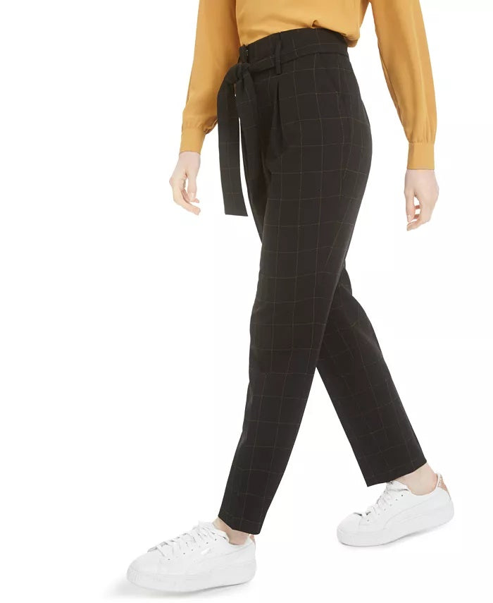 Bar III  Women's Tie-Waist Windowpane-Print Pants Black Size 2