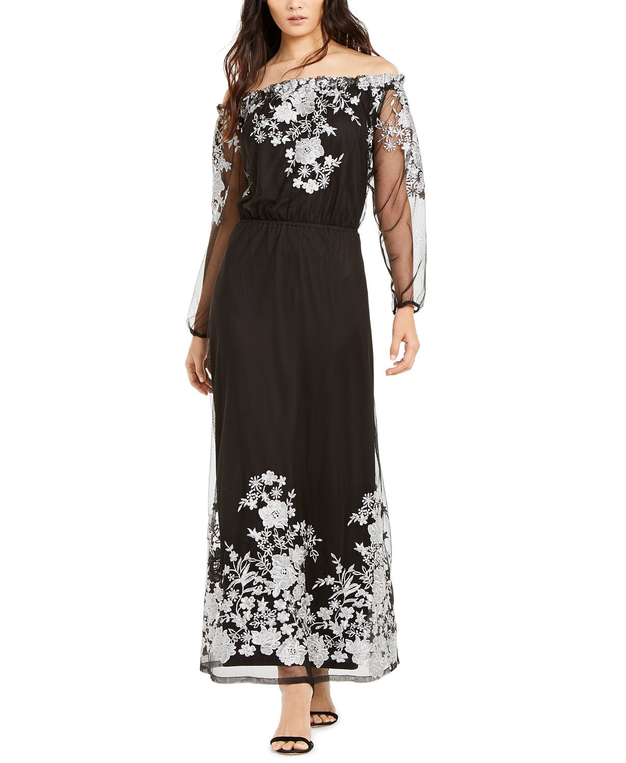 INC International Concepts Women's Embroidered Off-The-Shoulder Maxi Dress Black Size 12