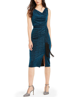 INC International Concepts Women's Belted Cowlneck Shimmer Dress Blue Size 8